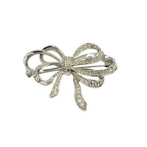 Vintage KJL for Avon Silver Tone Rhinestone Bow Brooch